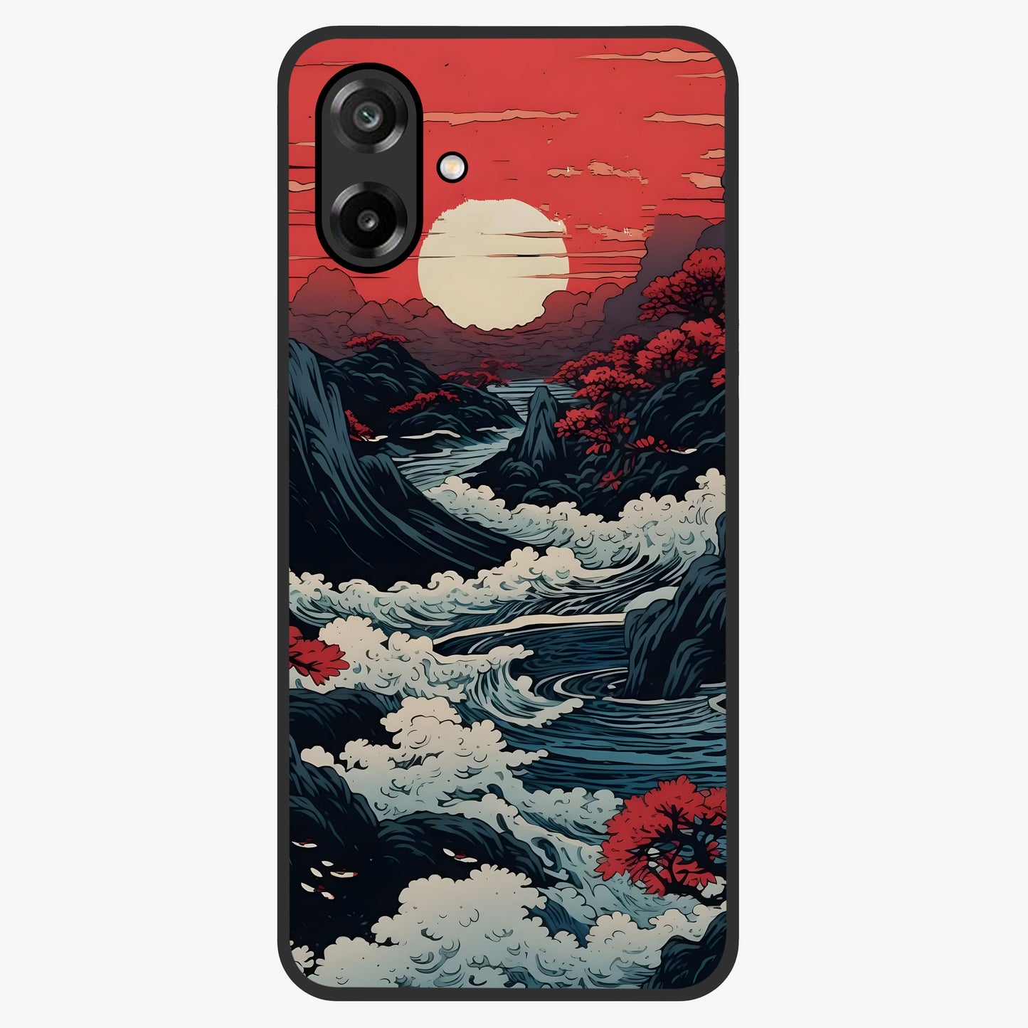 Red Sunset Scenery Glass Case showing flat back view with vibrant sunset landscape artwork and glossy glass finish.