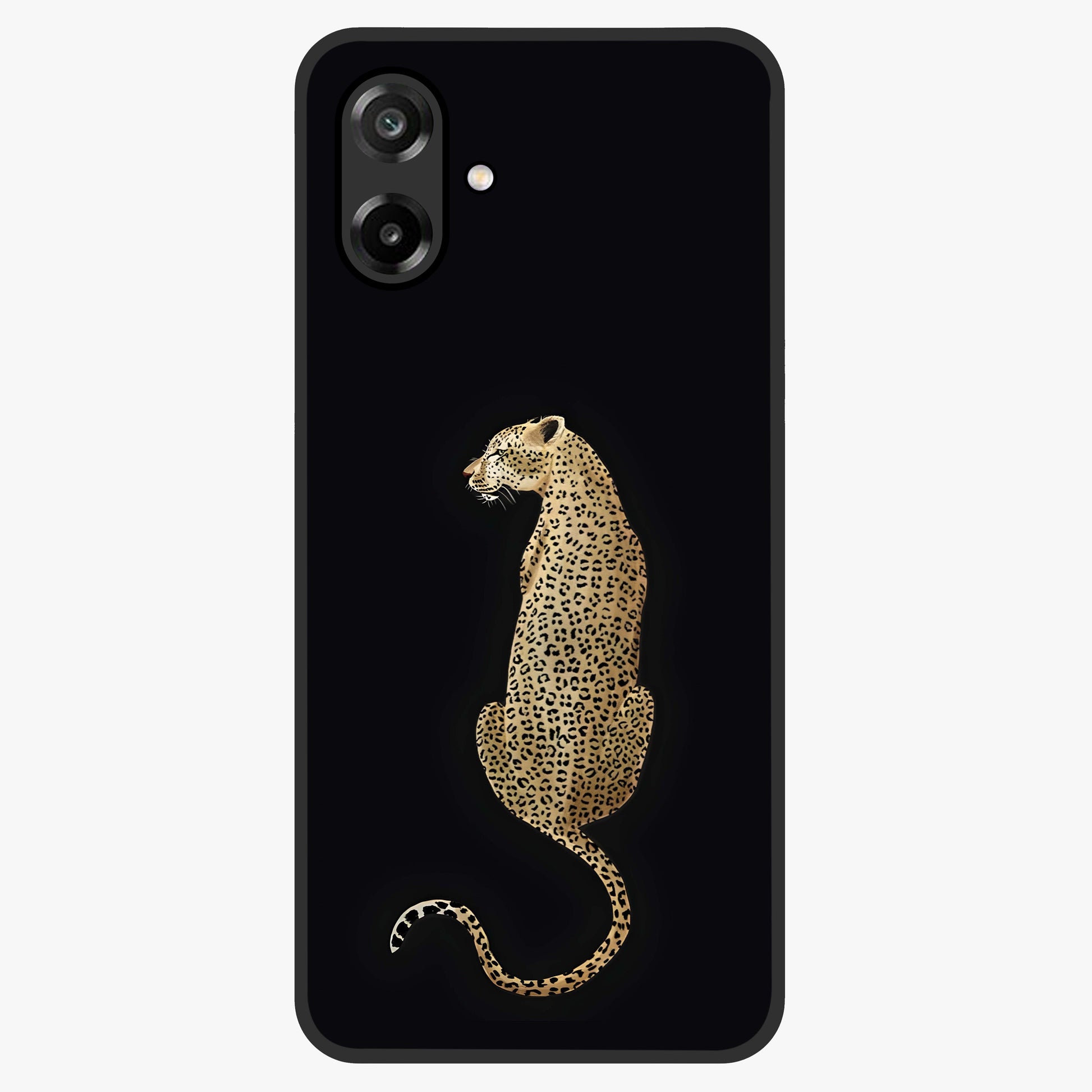 Regal Leopard Glass Case showing flat back view with bold leopard artwork and glossy glass finish.