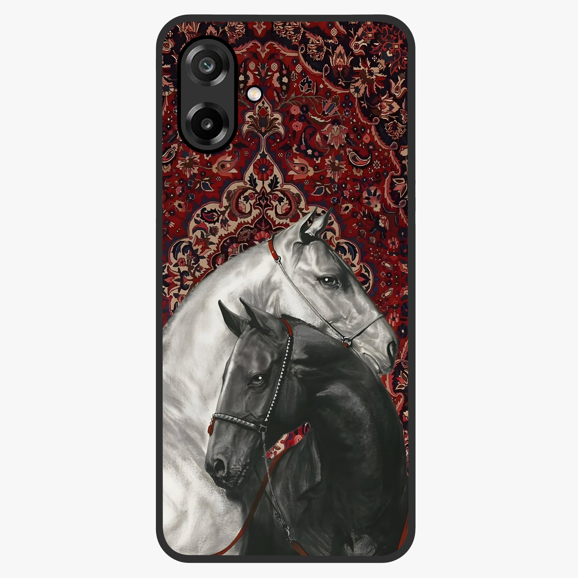 Regal Stallion Tapestry Glass Case showing flat back view with majestic horse tapestry artwork and glossy glass finish.