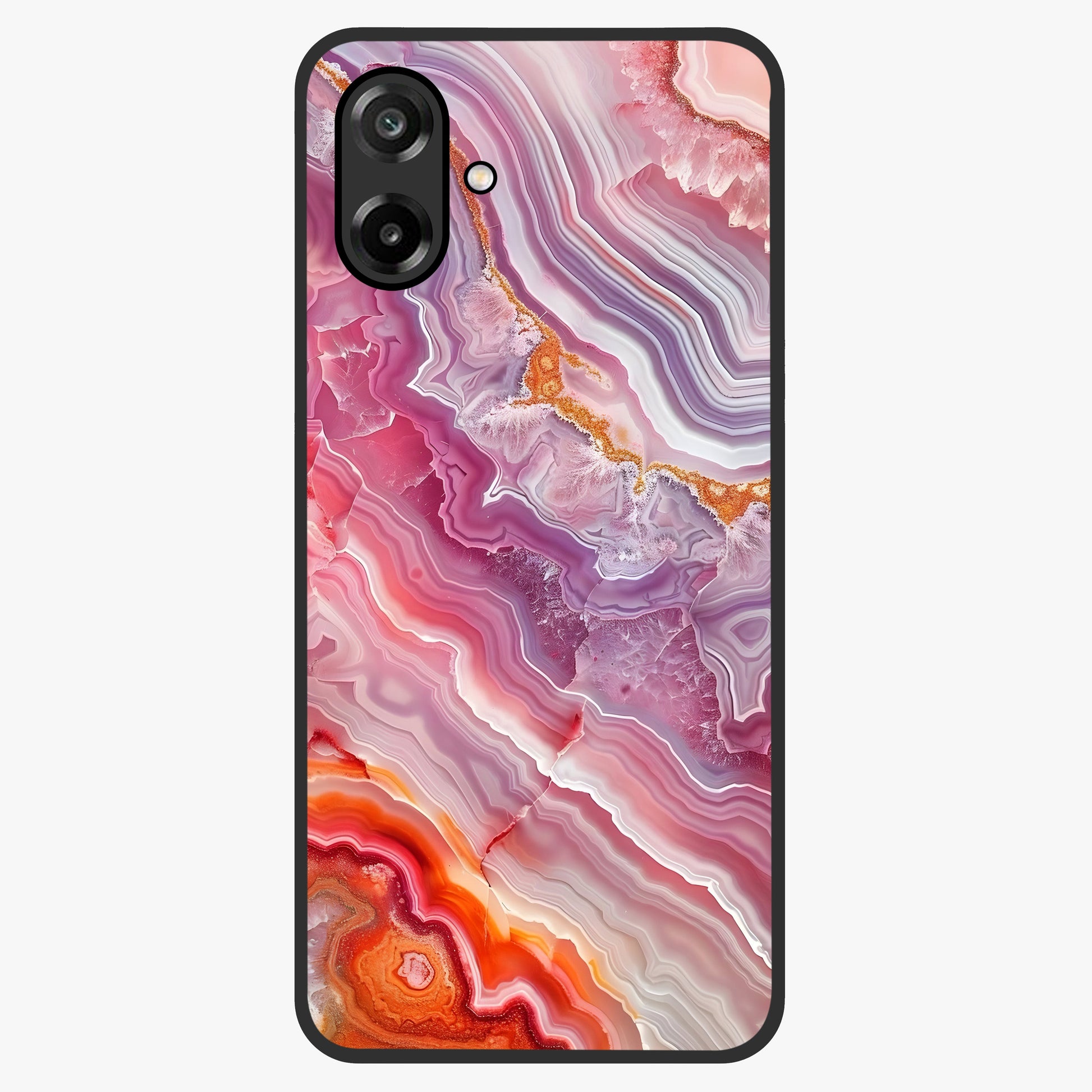 Rose Quartz Marble Glass Case showing flat back view with pink marble quartz texture artwork and glossy glass finish.