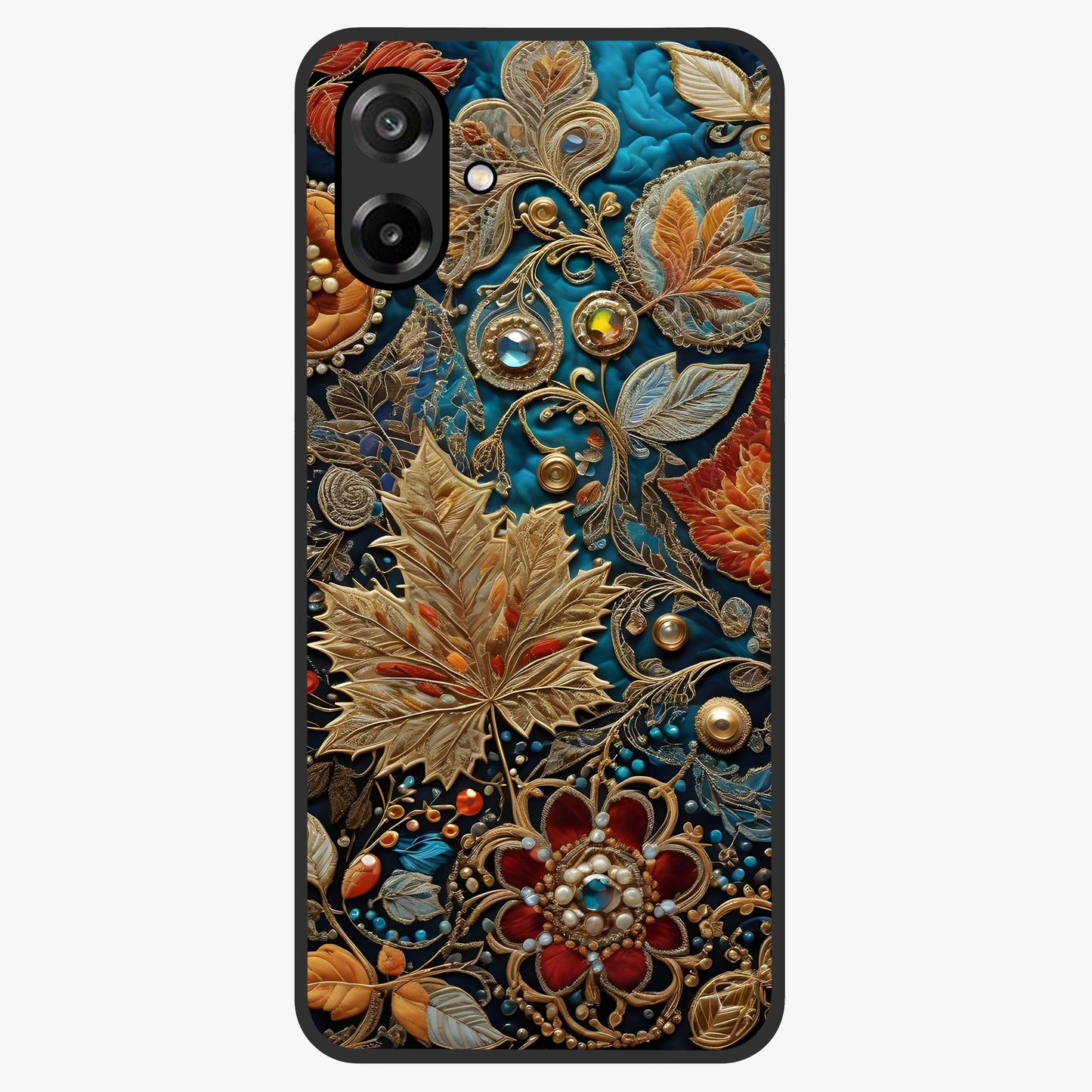 Royal Jewel Garden Glass Case showing flat back view with decorative floral garden artwork and glossy glass finish.