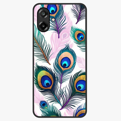 Royal Peacock Feathers Glass Case showing flat back view with colorful peacock feather artwork and glossy glass finish.