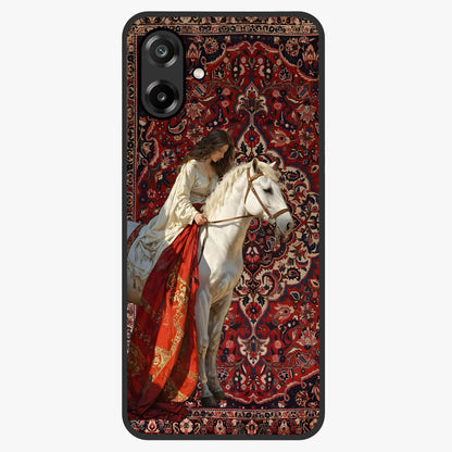 Royal Rider Tapestry Glass Case showing flat back view with majestic horse rider tapestry artwork and glossy glass finish.