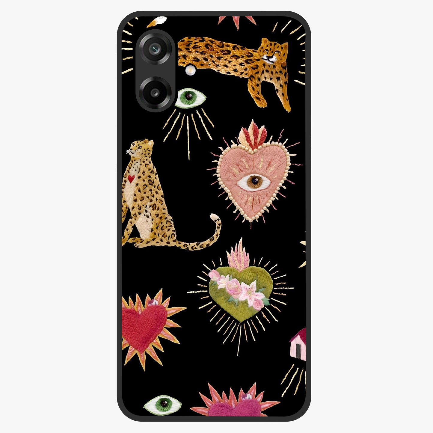Sacred Jungle Heart Glass Case showing flat back view with jungle inspired heart artwork and glossy glass finish.
