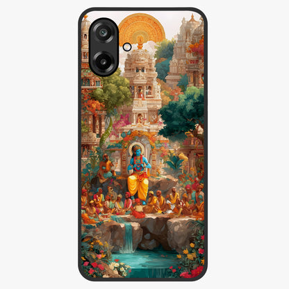 Sacred Sunlight Gods Glass Case showing flat back view with divine sunlight themed artwork and glossy glass finish.