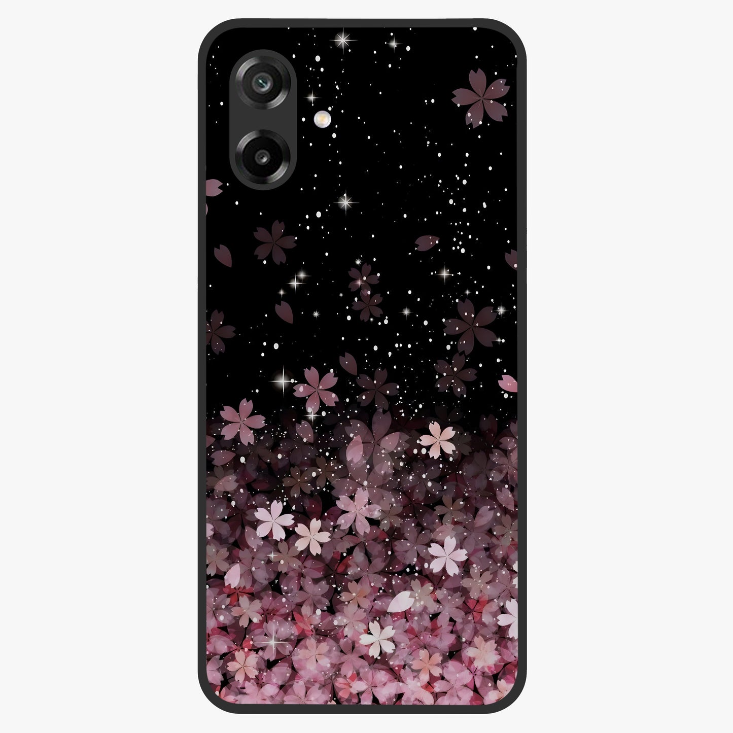 Small Starry Flowers Glass Case showing flat back view with delicate starry floral artwork and glossy glass finish.