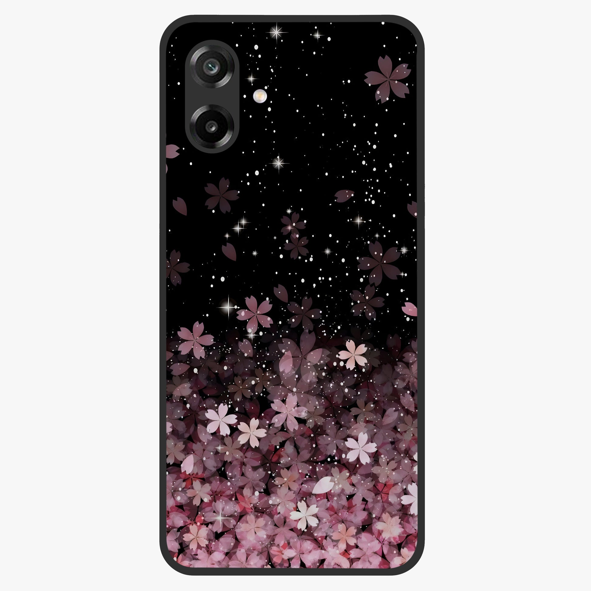 Small Starry Flowers Glass Case showing flat back view with delicate starry floral artwork and glossy glass finish.