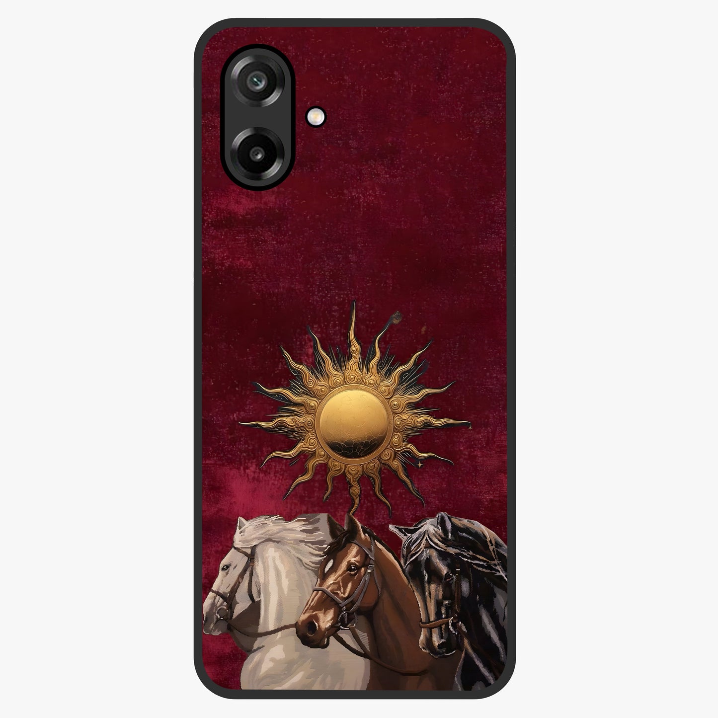 Solar Riders Glass Case showing flat back view with dynamic rider themed artwork and glossy glass finish.