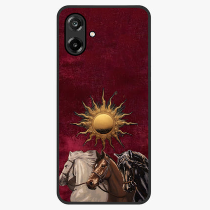 Solar Riders Glass Case showing flat back view with dynamic rider themed artwork and glossy glass finish.