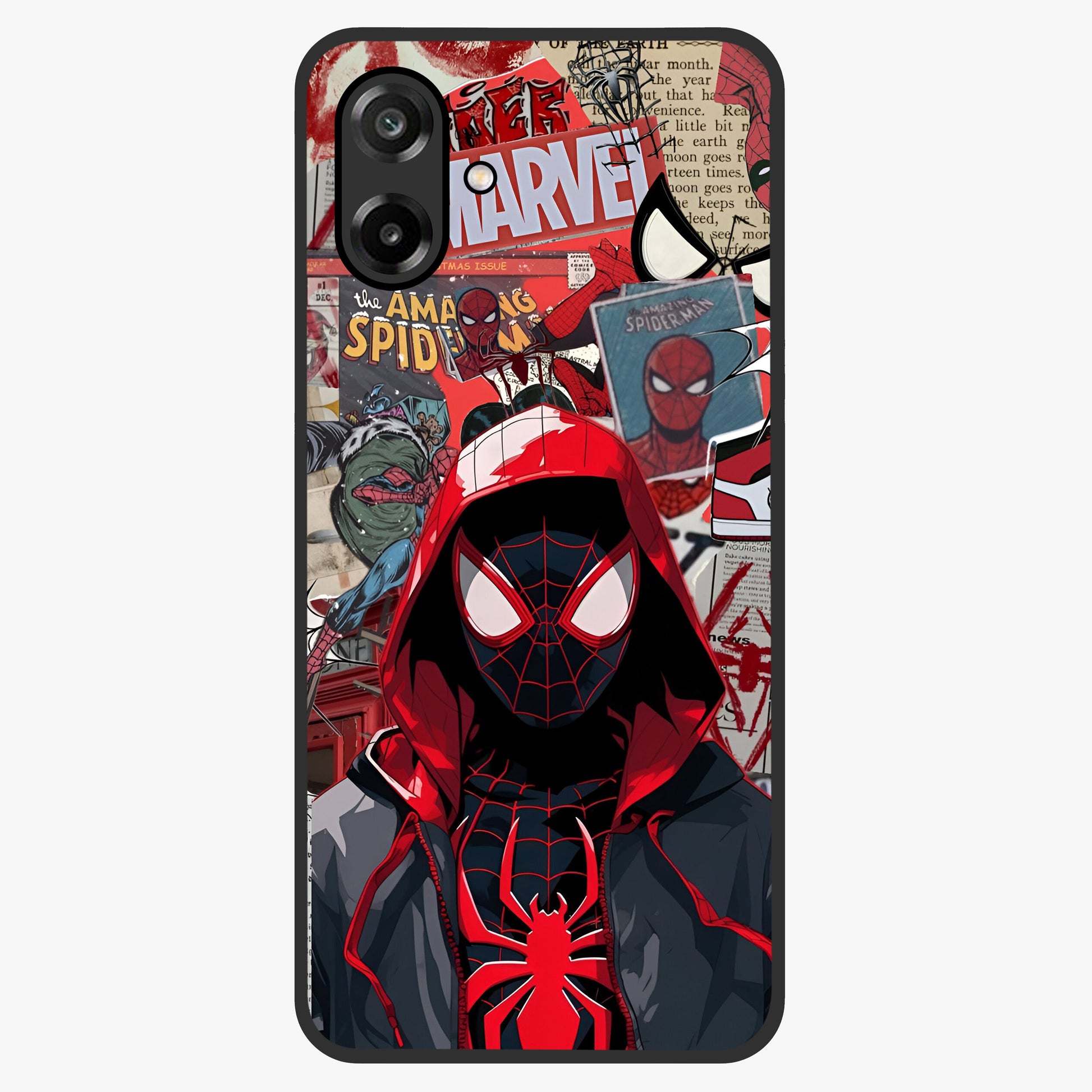 Spider Collage Street Glass Case showing flat back view with vibrant superhero collage artwork and glossy glass finish.