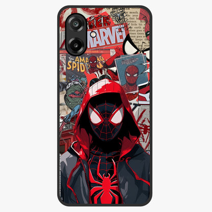 Spider Collage Street Glass Case showing flat back view with vibrant superhero collage artwork and glossy glass finish.