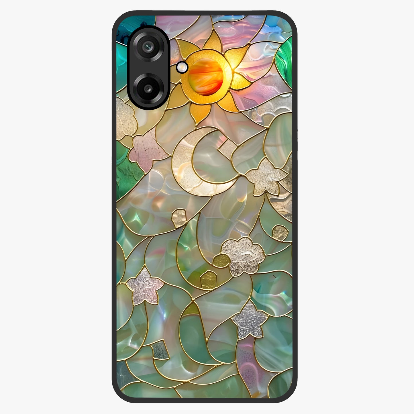 Stained Sunrise Glow Glass Case showing flat back view with glowing sunrise stained pattern artwork and glossy glass finish.