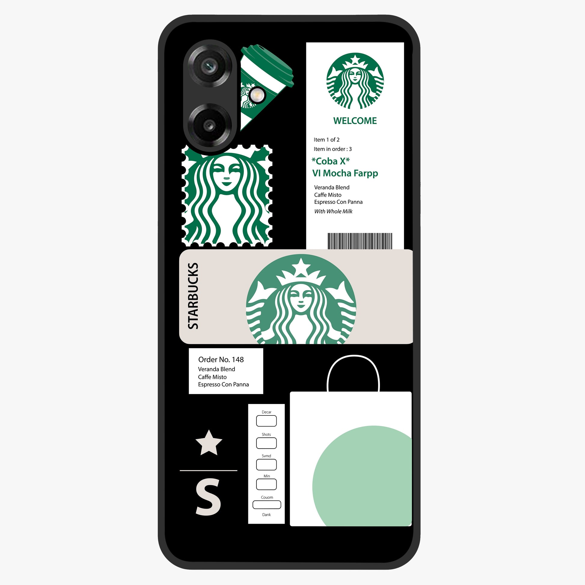 Starbucks Mocha Glass Case showing flat back view with coffee inspired artwork and glossy glass finish.