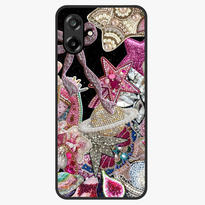 Starlit Jewel Dream Glass Case showing flat back view with sparkling jewel and star themed artwork and glossy glass finish.