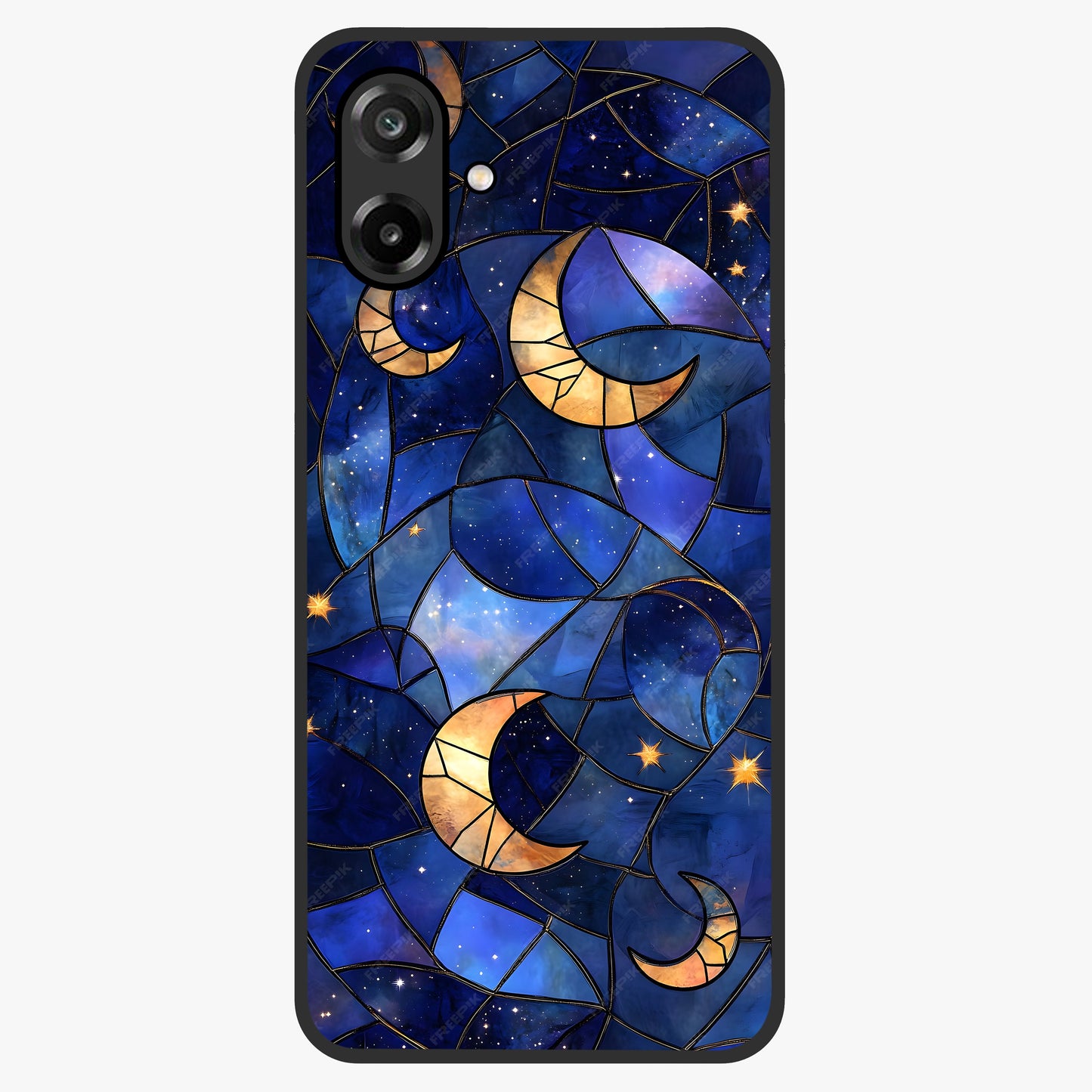 Starlit Sky Tapestry Glass Case showing flat back view with decorative starry sky tapestry artwork and glossy glass finish.