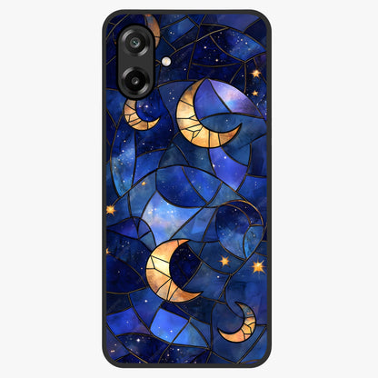 Starlit Sky Tapestry Glass Case showing flat back view with decorative starry sky tapestry artwork and glossy glass finish.