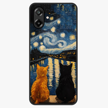Starry River Cats Glass Case showing flat back view with cats by a starry river artwork and glossy glass finish.