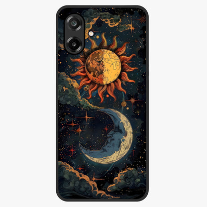 Sun And Moon Magic Design Glass Case showing flat back view with mystical sun and moon artwork and glossy glass finish.