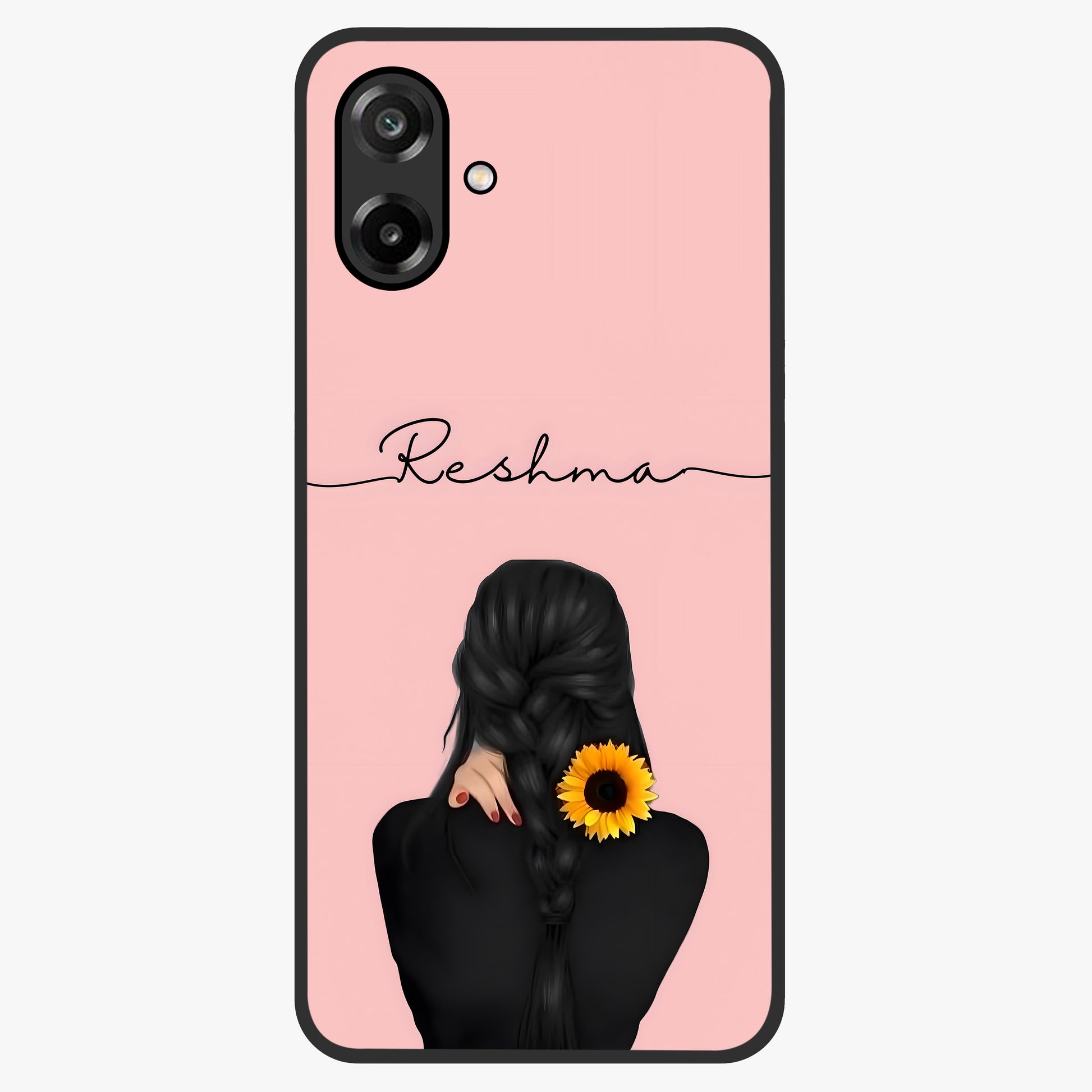 Sunflower Braid Beauty With Custom Name Glass Case showing flat back view with sunflower braid artwork and personalized name design.