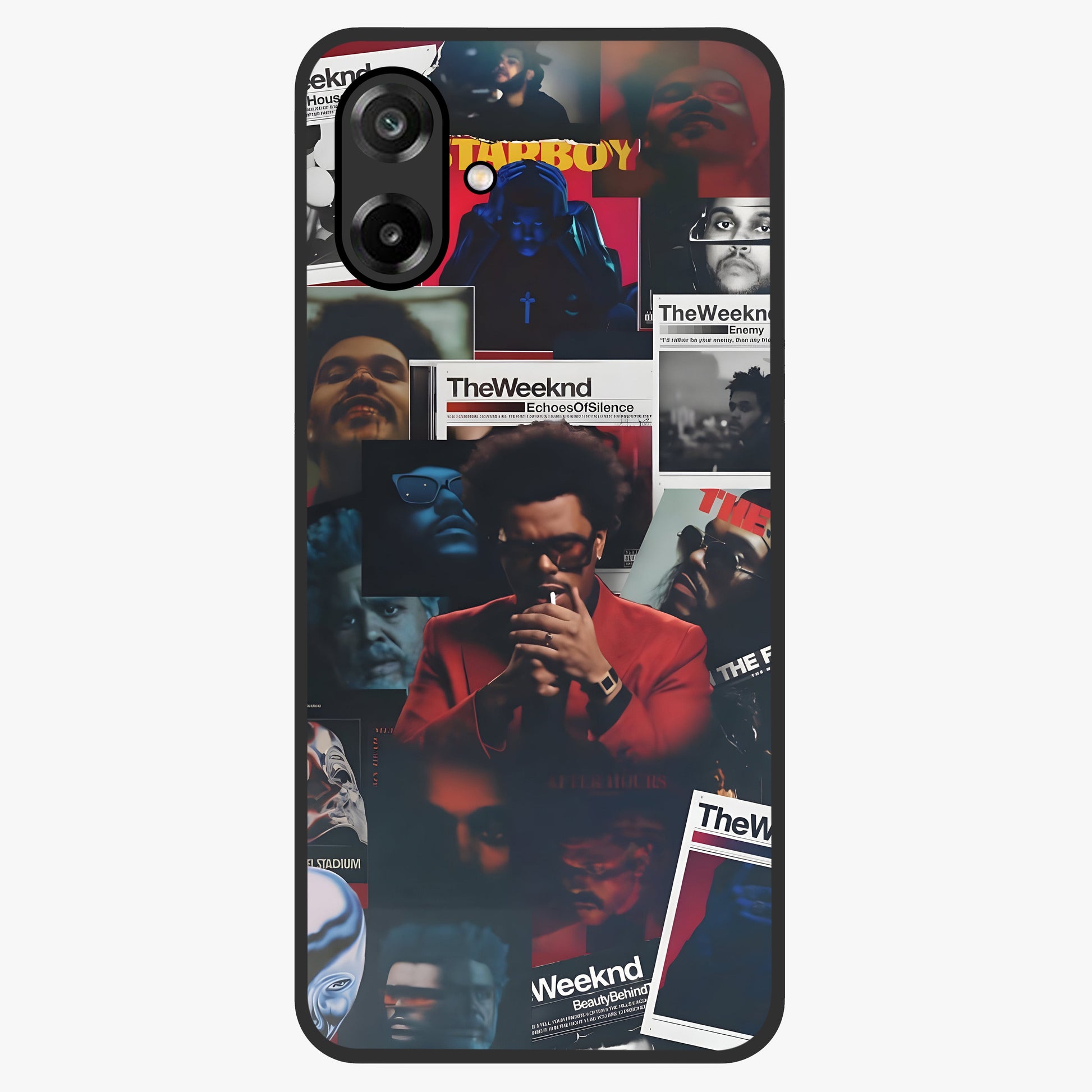 The Weeknd Glass Case showing flat back view with music inspired artistic portrait artwork and glossy glass finish.