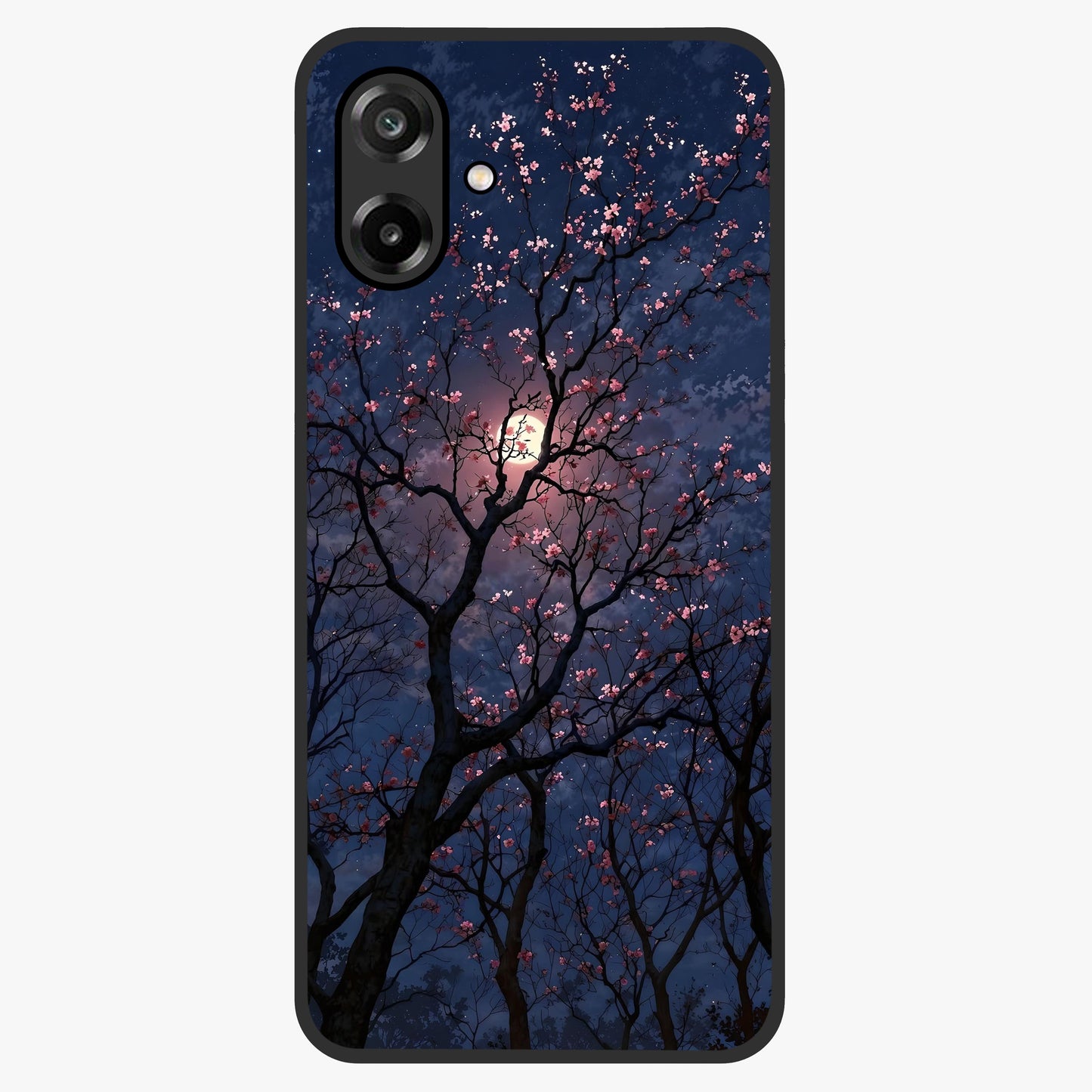 Twilight Sakura Serenade Glass Case showing flat back view with cherry blossom artwork at twilight and glossy glass finish.