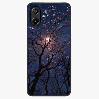 Twilight Sakura Serenade Glass Case showing flat back view with cherry blossom artwork at twilight and glossy glass finish.
