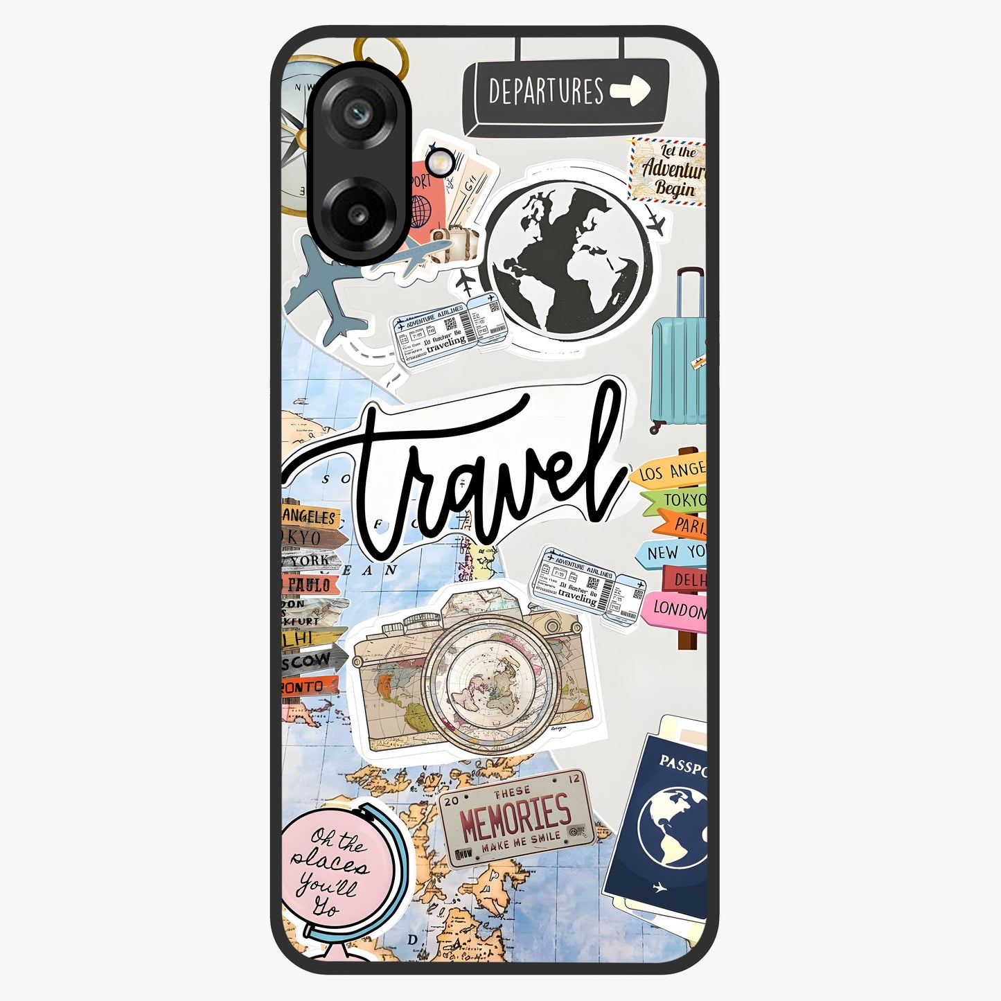 Wanderlust Journal Glass Case showing flat back view with travel inspired artwork and glossy glass finish.
