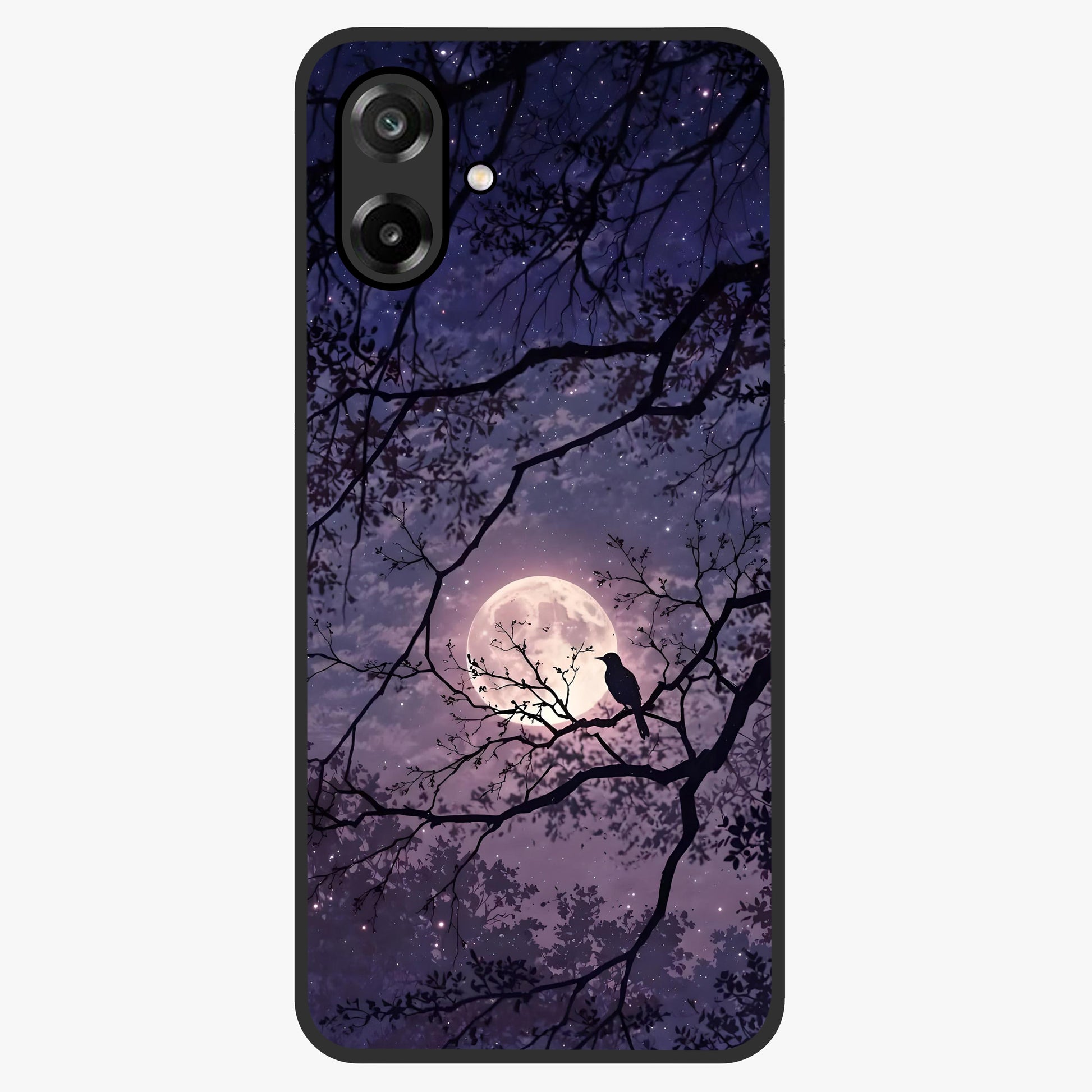 Whispering Moon Silence Glass Case showing flat back view with serene moon themed artwork and glossy glass finish.