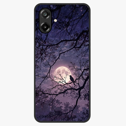 Whispering Moon Silence Glass Case showing flat back view with serene moon themed artwork and glossy glass finish.