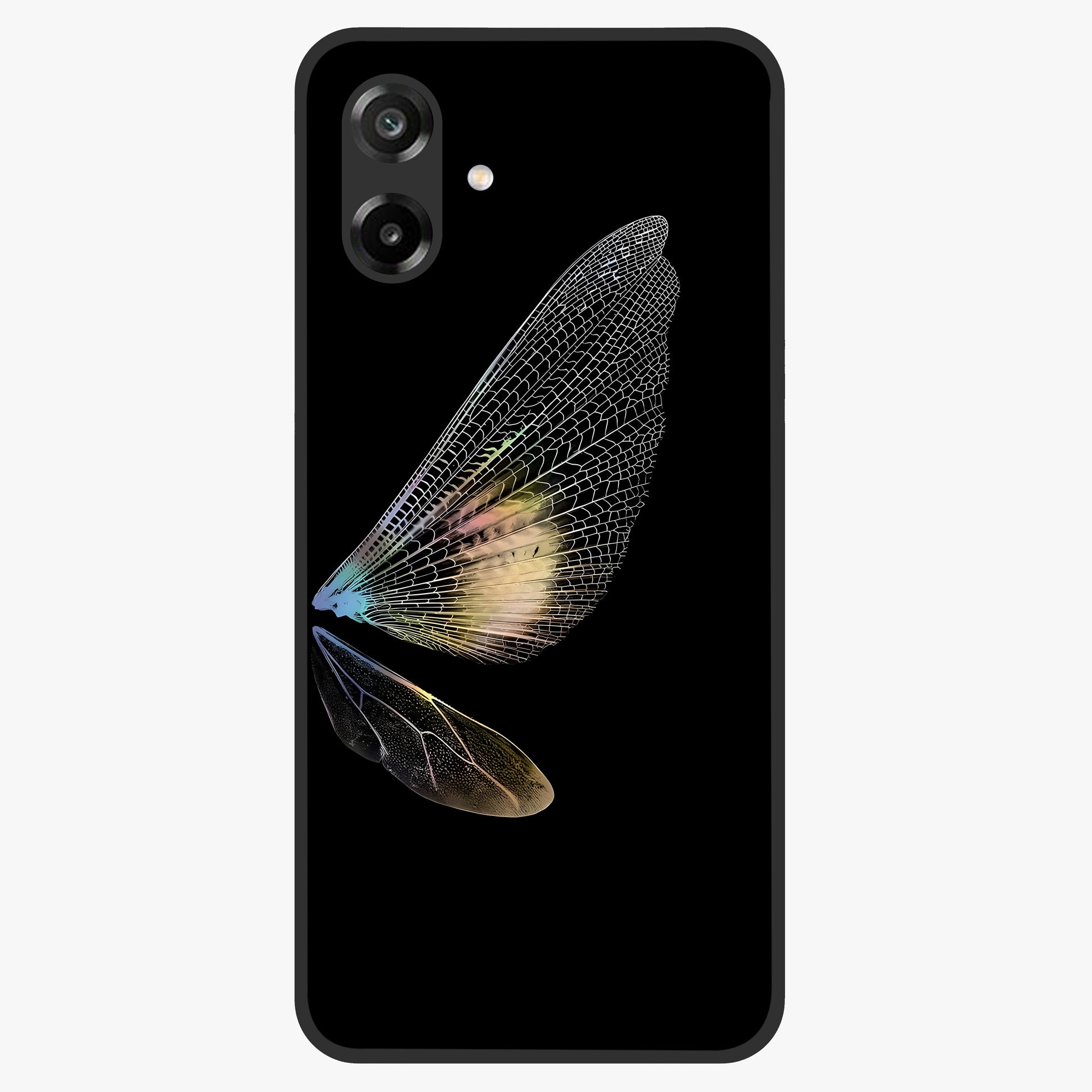 Whispers Of Wings Glass Case showing flat back view with graceful wing inspired artwork and glossy glass finish.