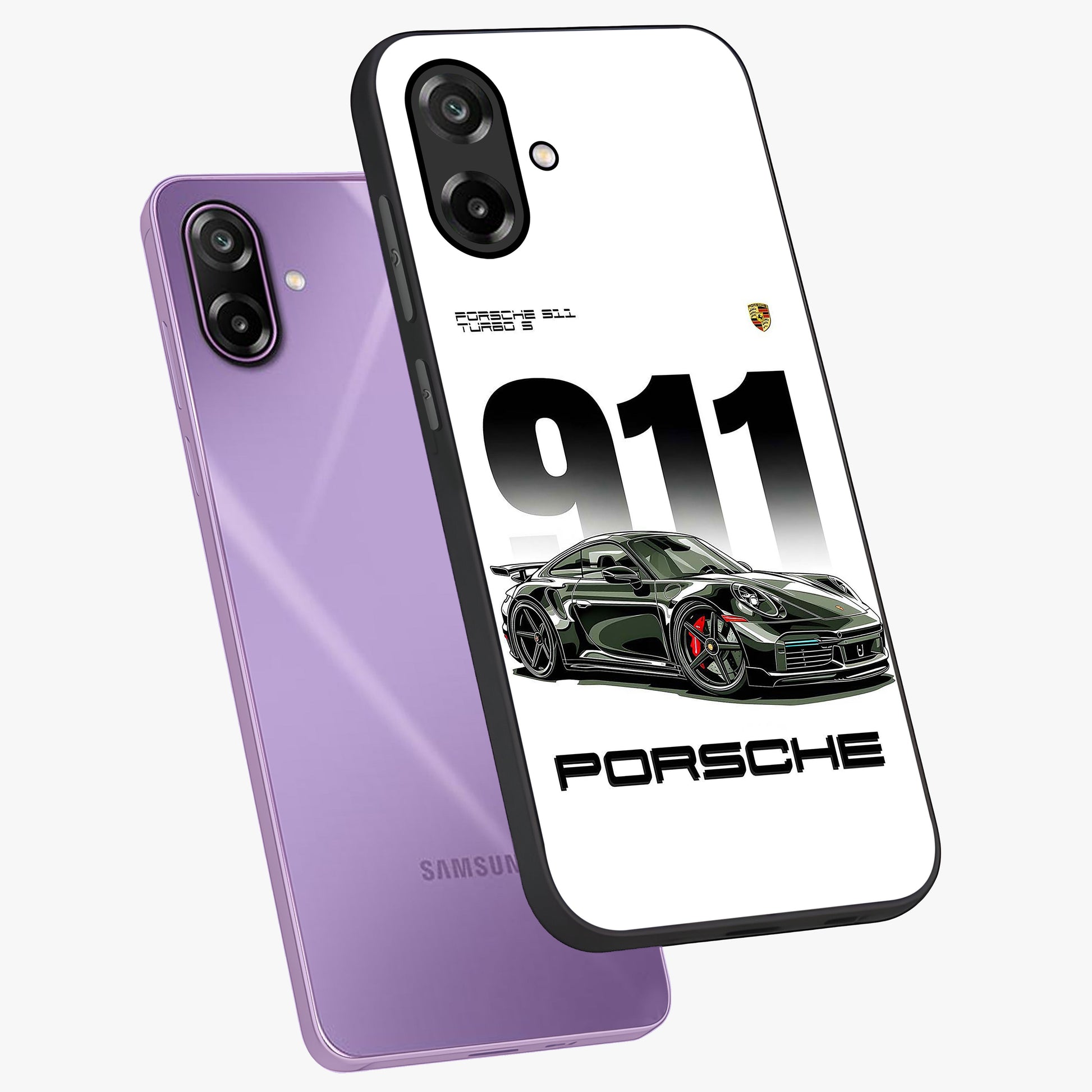 911 Turbo Dominance Glass Case displayed in premium angled mockup highlighting sporty car illustration and sleek glass surface.