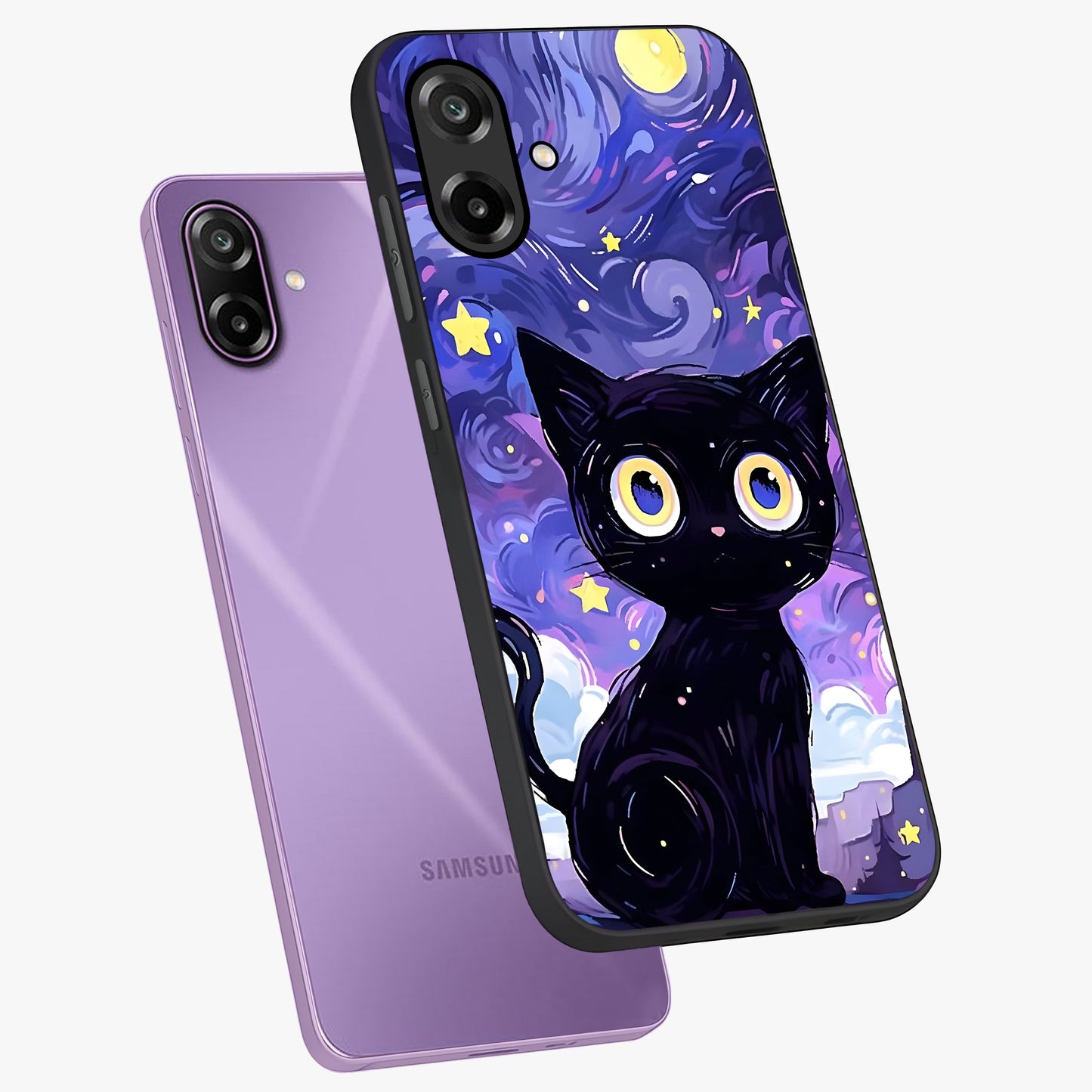 Abstract Cat Art Glass Case displayed in angled mockup highlighting modern abstract cat artwork and sleek glass surface.