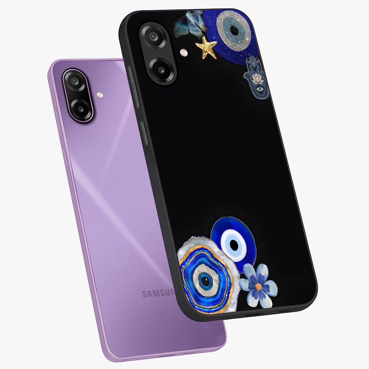 Aesthetic Blue Evil Eye Glass Case displayed in angled mockup highlighting blue evil eye symbol and spiritual aesthetic design.