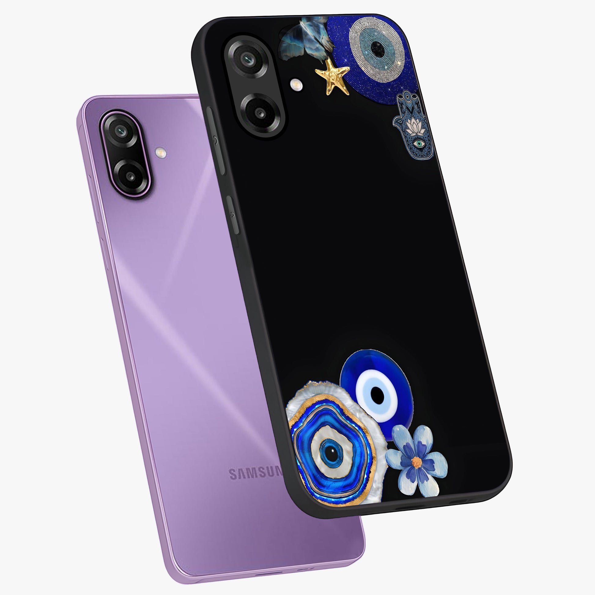 Aesthetic Blue Evil Eye Glass Case displayed in angled mockup highlighting blue evil eye symbol and spiritual aesthetic design.