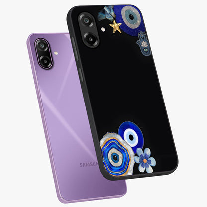 Aesthetic Blue Evil Eye Glass Case displayed in angled mockup highlighting blue evil eye symbol and spiritual aesthetic design.