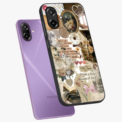 Aesthetic Brown Vintage Collage Glass Case displayed in angled mockup highlighting vintage aesthetic collage design.