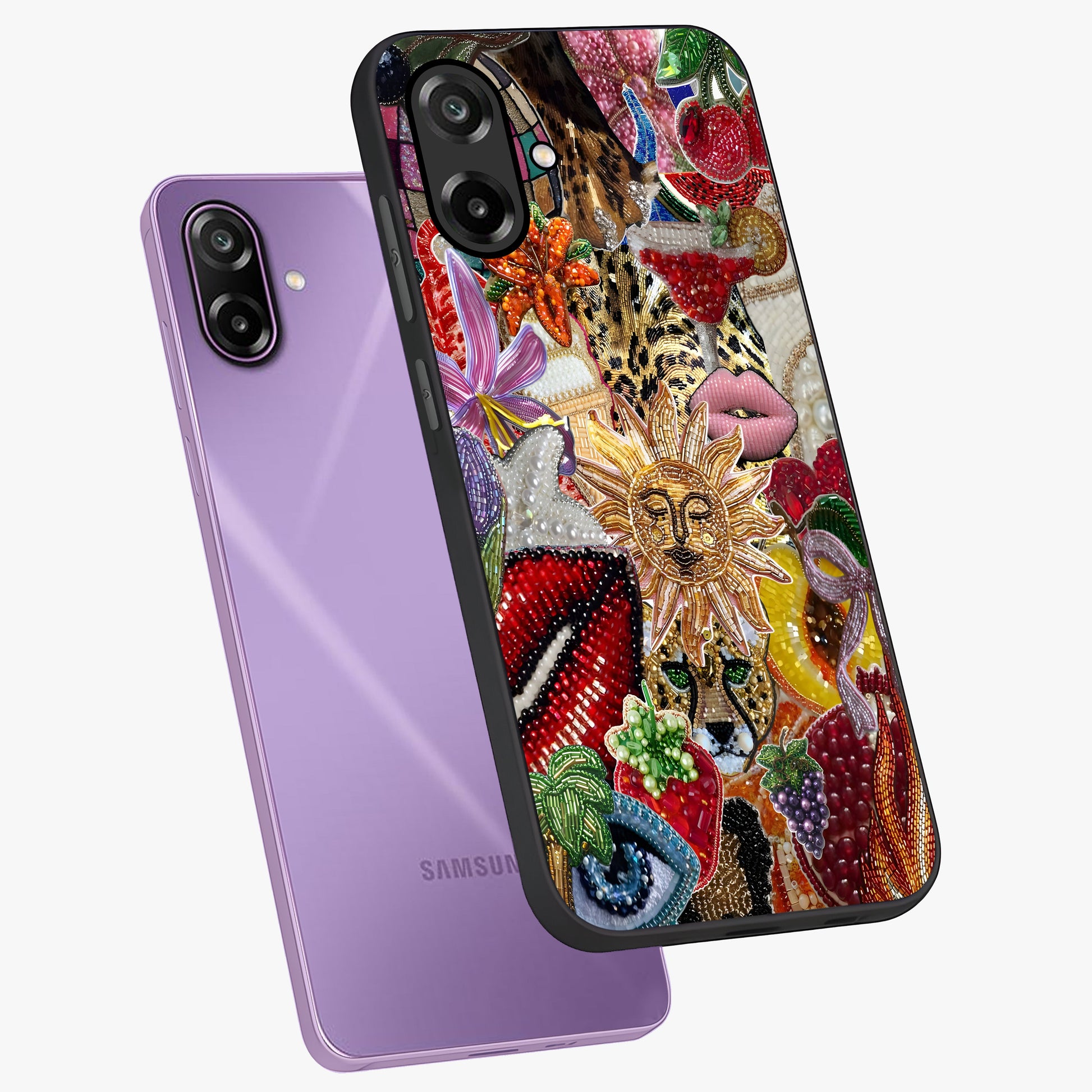 Beaded Fashion Jungle Glass Case displayed in angled mockup highlighting colorful fashion bead design and artistic pattern.
