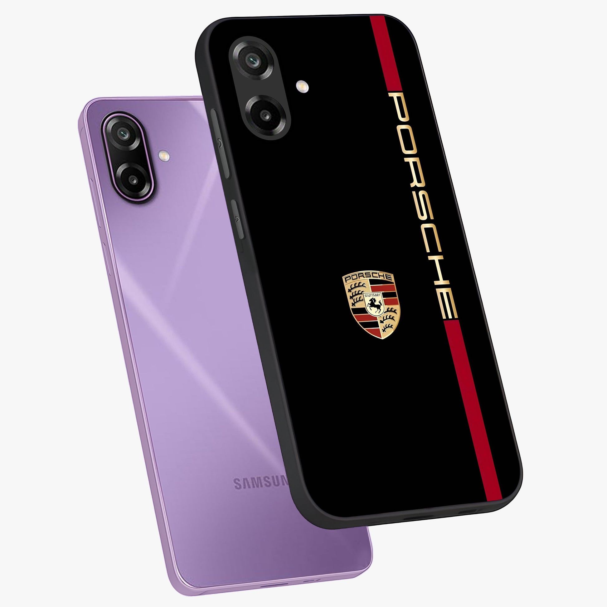 Black Minimal Porsche Glass Case displayed in angled mockup highlighting modern minimal car illustration and clean aesthetic design.