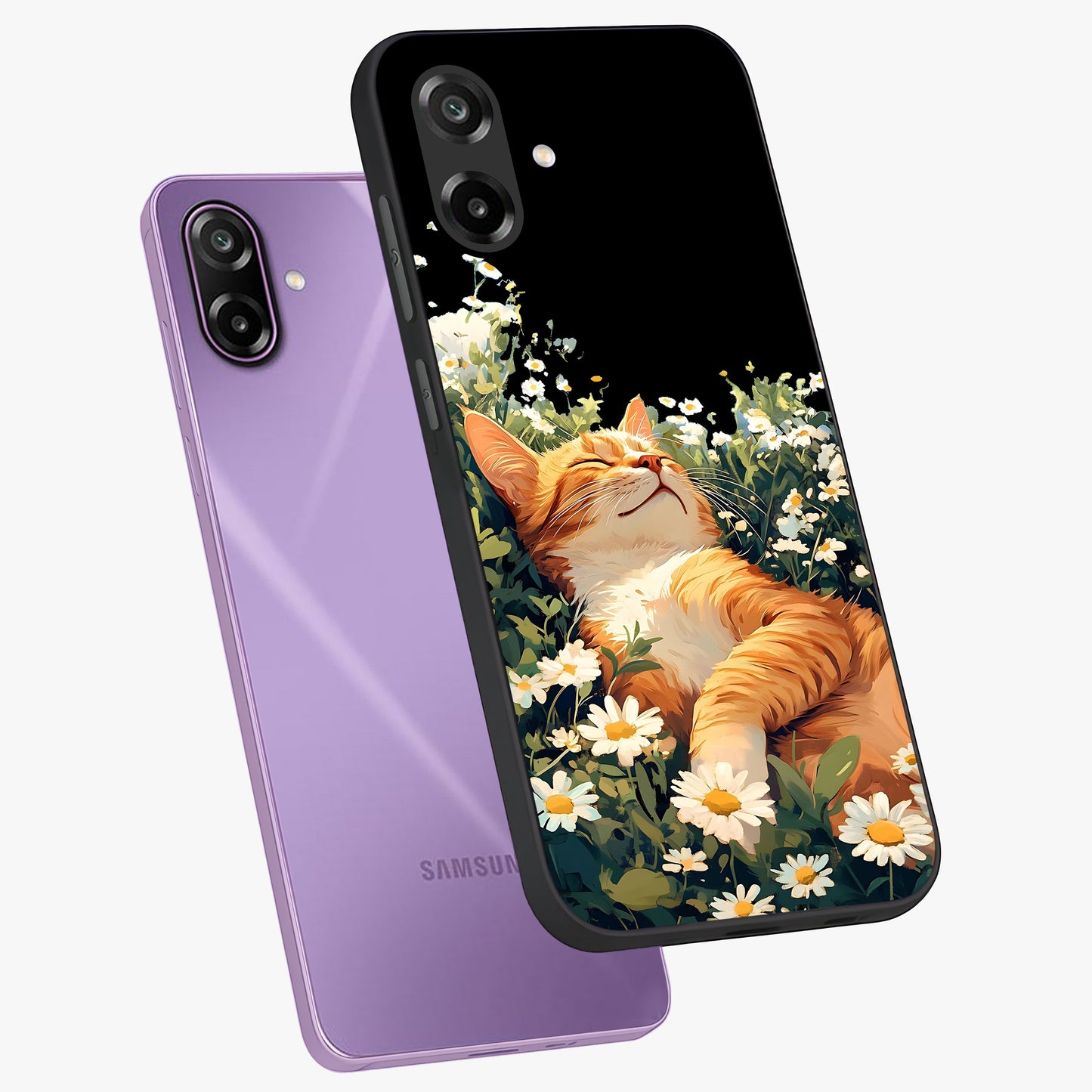 Blissful Bloom Cat Glass Case displayed in angled mockup highlighting playful feline illustration with soft floral aesthetic.
