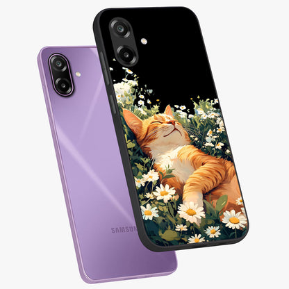 Blissful Bloom Cat Glass Case displayed in angled mockup highlighting playful feline illustration with soft floral aesthetic.