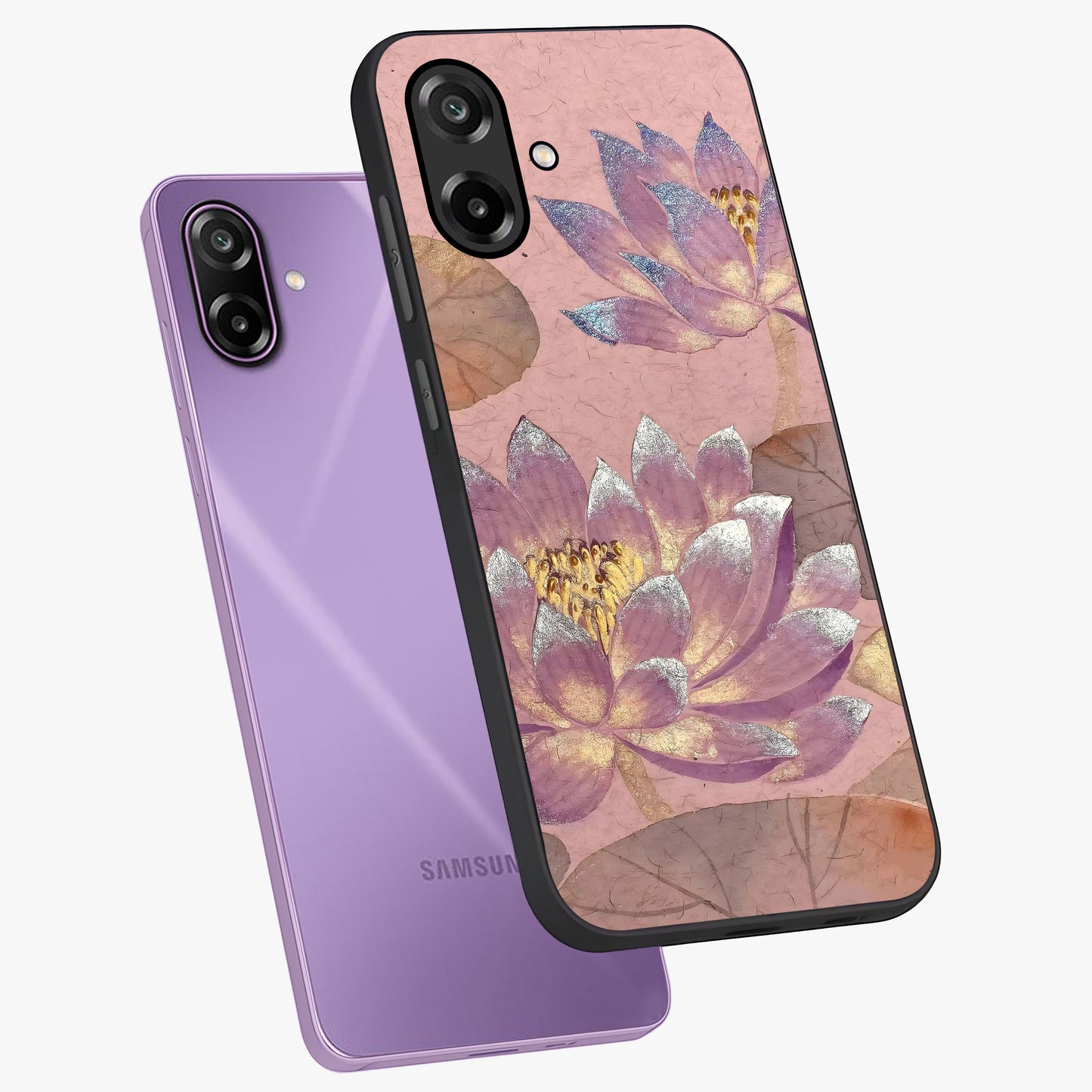 Blossom Mist Lotus Glass Case displayed in angled mockup highlighting delicate lotus illustration with calm aesthetic theme.