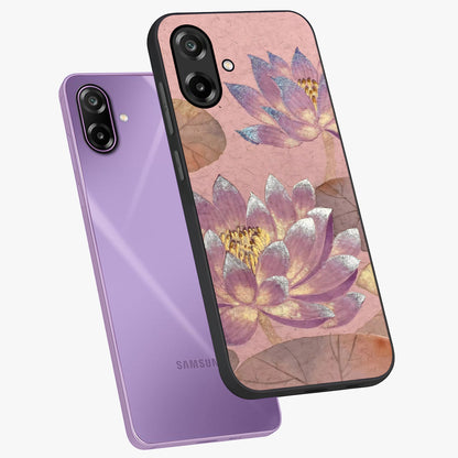 Blossom Mist Lotus Glass Case displayed in angled mockup highlighting delicate lotus illustration with calm aesthetic theme.