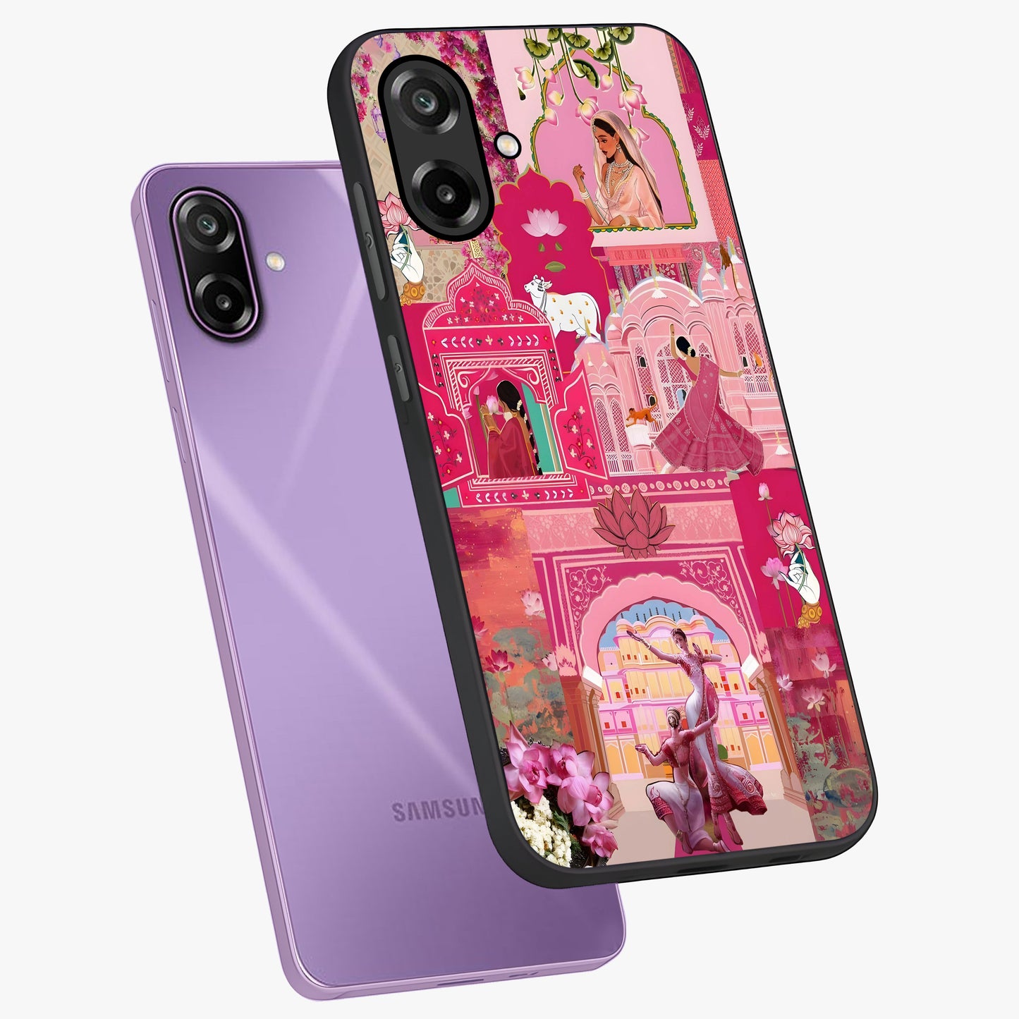 Blossoms of Rajasthan Glass Case displayed in angled mockup highlighting vibrant floral pattern with cultural aesthetic style.