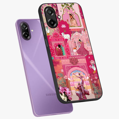 Blossoms of Rajasthan Glass Case displayed in angled mockup highlighting vibrant floral pattern with cultural aesthetic style.