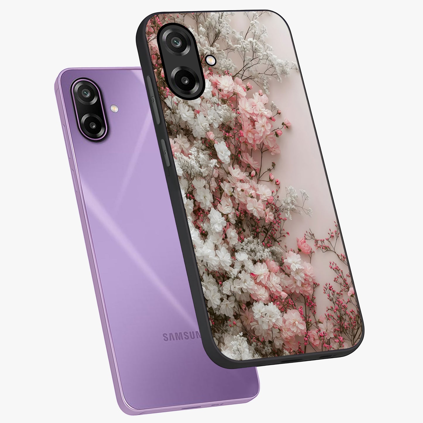 Blush Blossom Cloud Glass Case displayed in angled mockup highlighting soft cloud and blossom design with pastel aesthetic.
