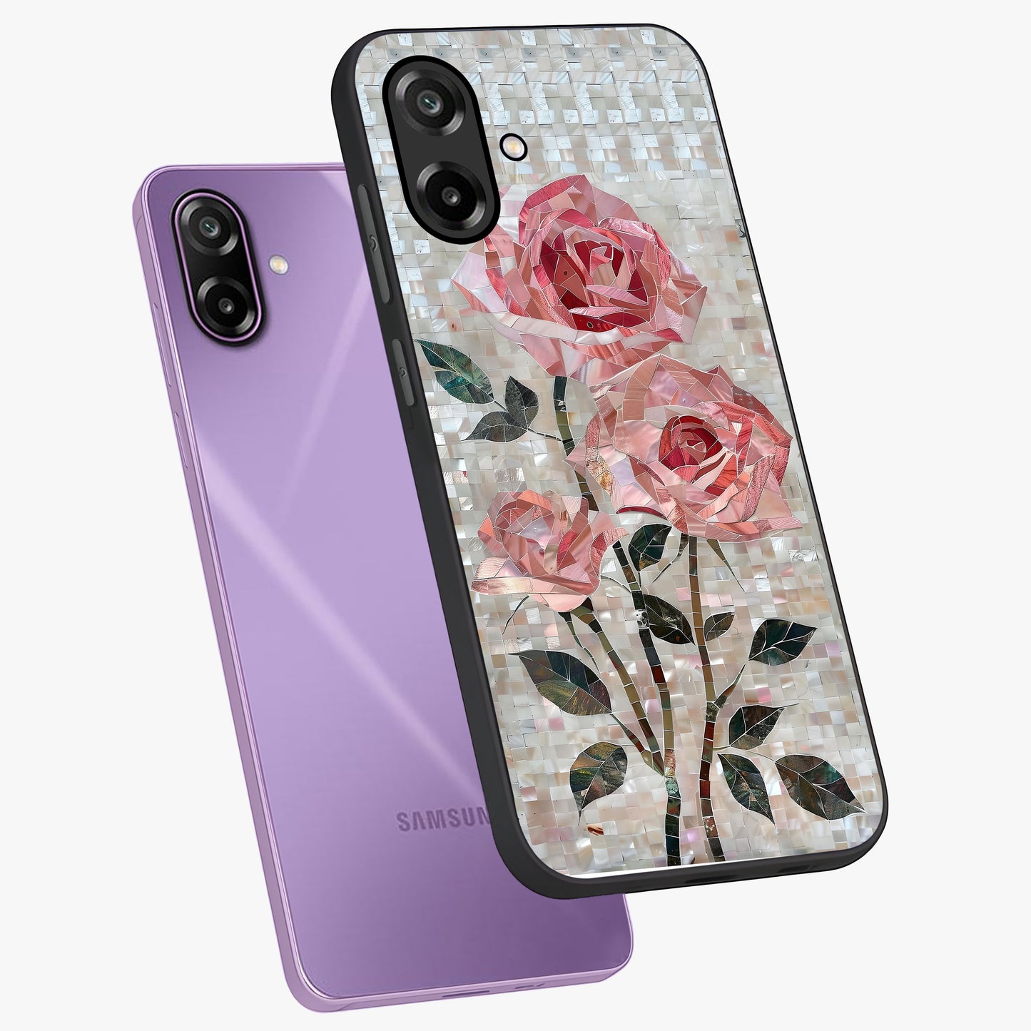 Blush Mosaic Bloom Glass Case displayed in angled mockup highlighting artistic mosaic flower pattern with aesthetic design.