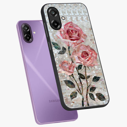 Blush Mosaic Bloom Glass Case displayed in angled mockup highlighting artistic mosaic flower pattern with aesthetic design.
