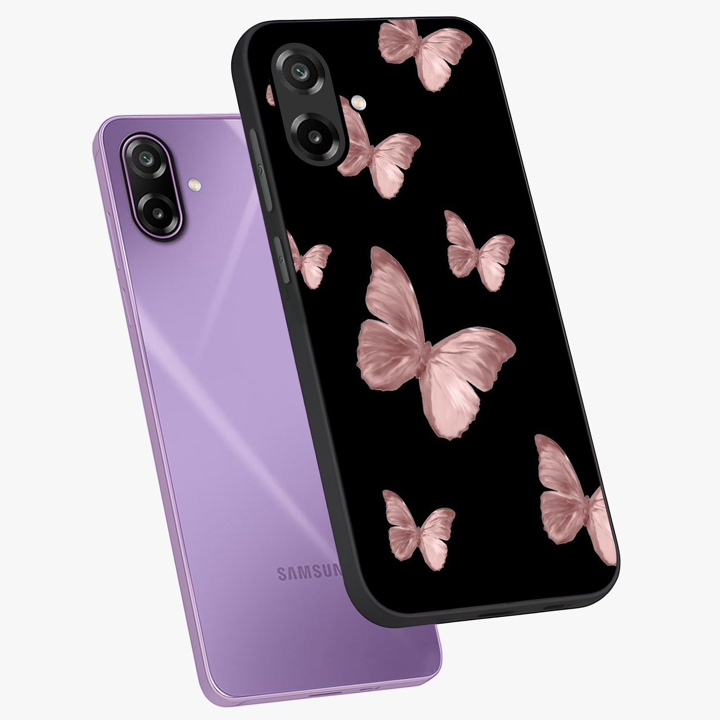 Butterfly Pattern Glass Case displayed in angled mockup highlighting delicate butterfly design and aesthetic pattern style.