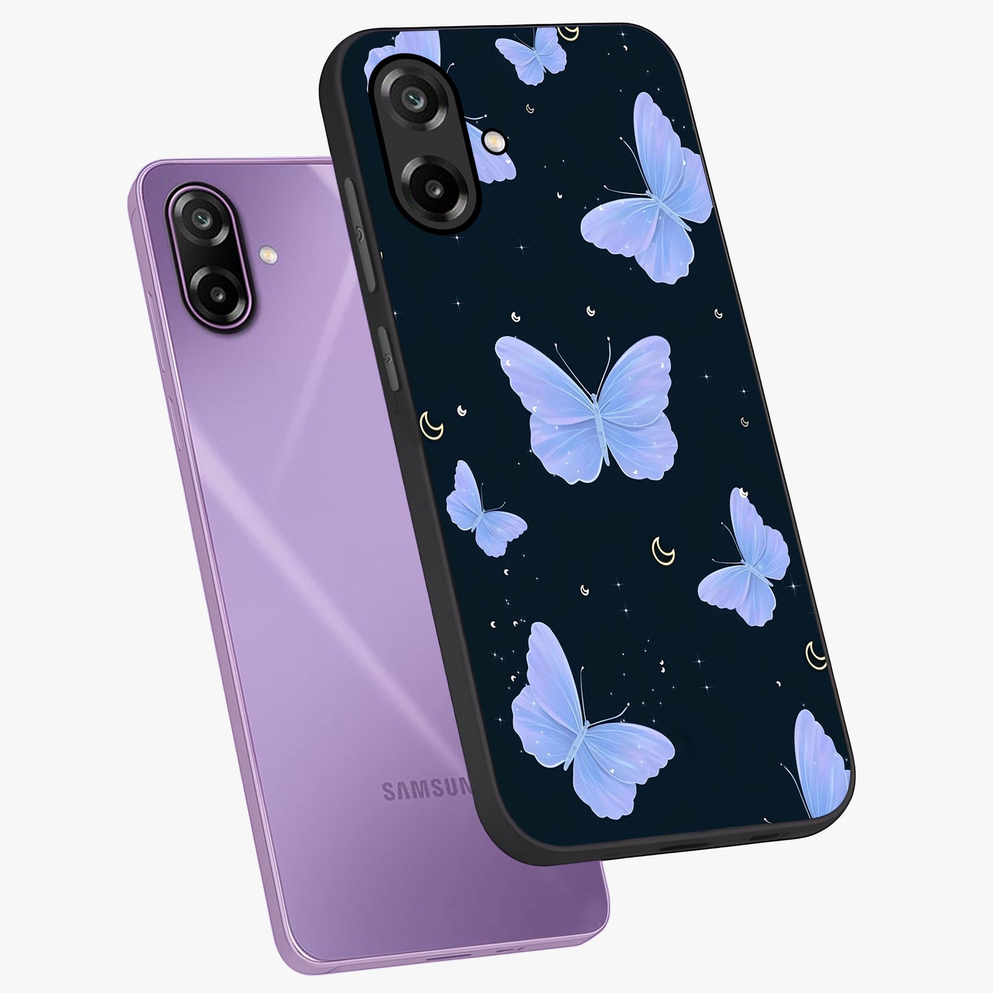 Butterfly With Stars Pattern Glass Case displayed in angled mockup highlighting dreamy butterfly and star design with aesthetic theme.