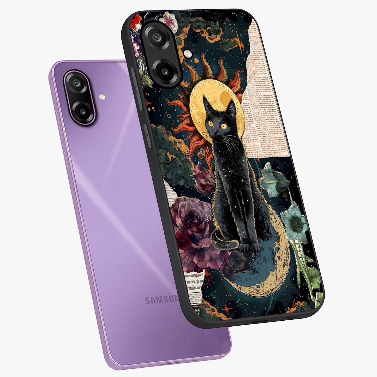 Celestial Black Cat Glass Case displayed in angled mockup highlighting cosmic black cat design with celestial aesthetic.